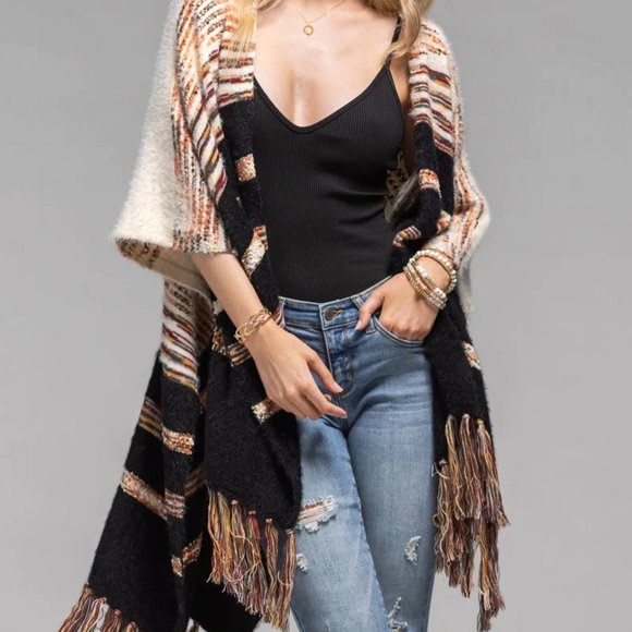 Stripe Pattern Faux Fur Ruana Sweater Jacket Ruana - Picture 1 of 4